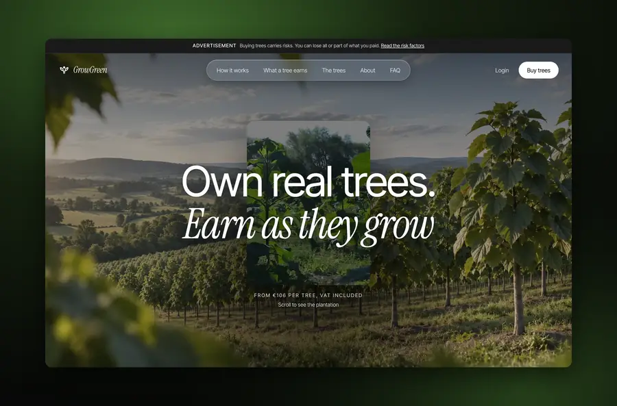 GrowGreen homepage at growgreen.finance, a storefront for Paulownia trees with the plantation film, built by Proof of Pixel