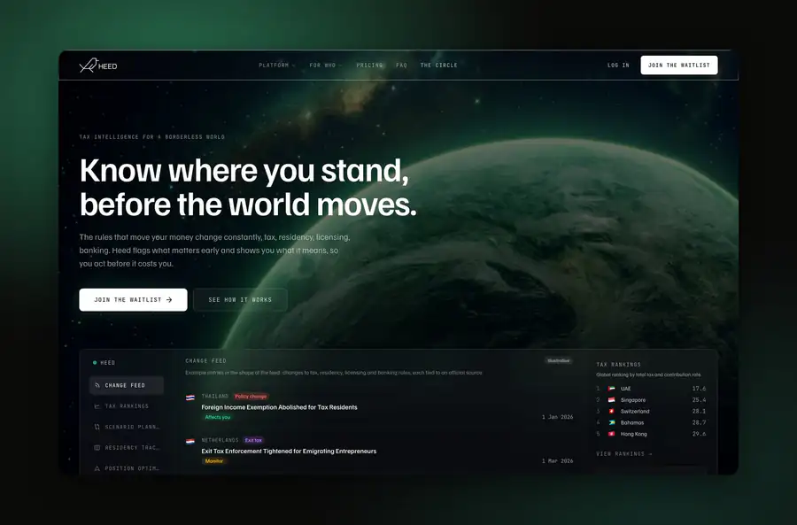 Heed homepage at heed.finance with the change feed and tax rankings below the headline, a tax intelligence SaaS built by Proof of Pixel