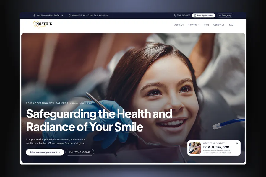 Pristine Smile Dental homepage at pristinesmile.us, a dental practice website in Fairfax, Virginia built by Proof of Pixel