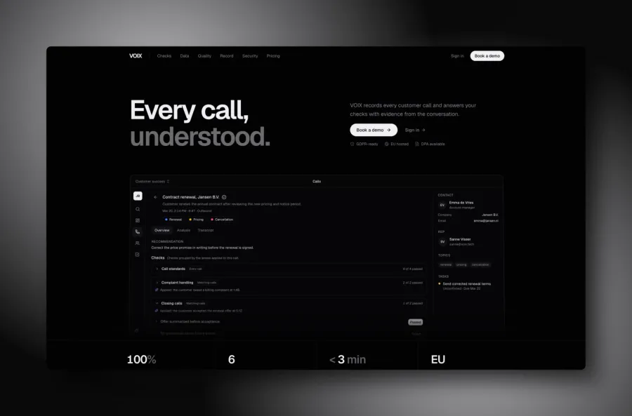 VOIX homepage at voix.tech with the call review platform on the page, a SaaS built by Proof of Pixel from MVP to product