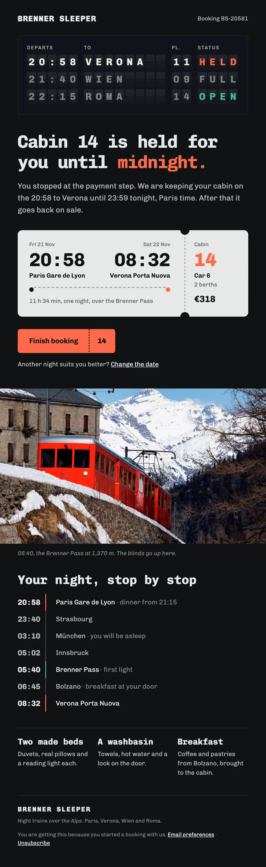 The Brenner Sleeper email at desktop width