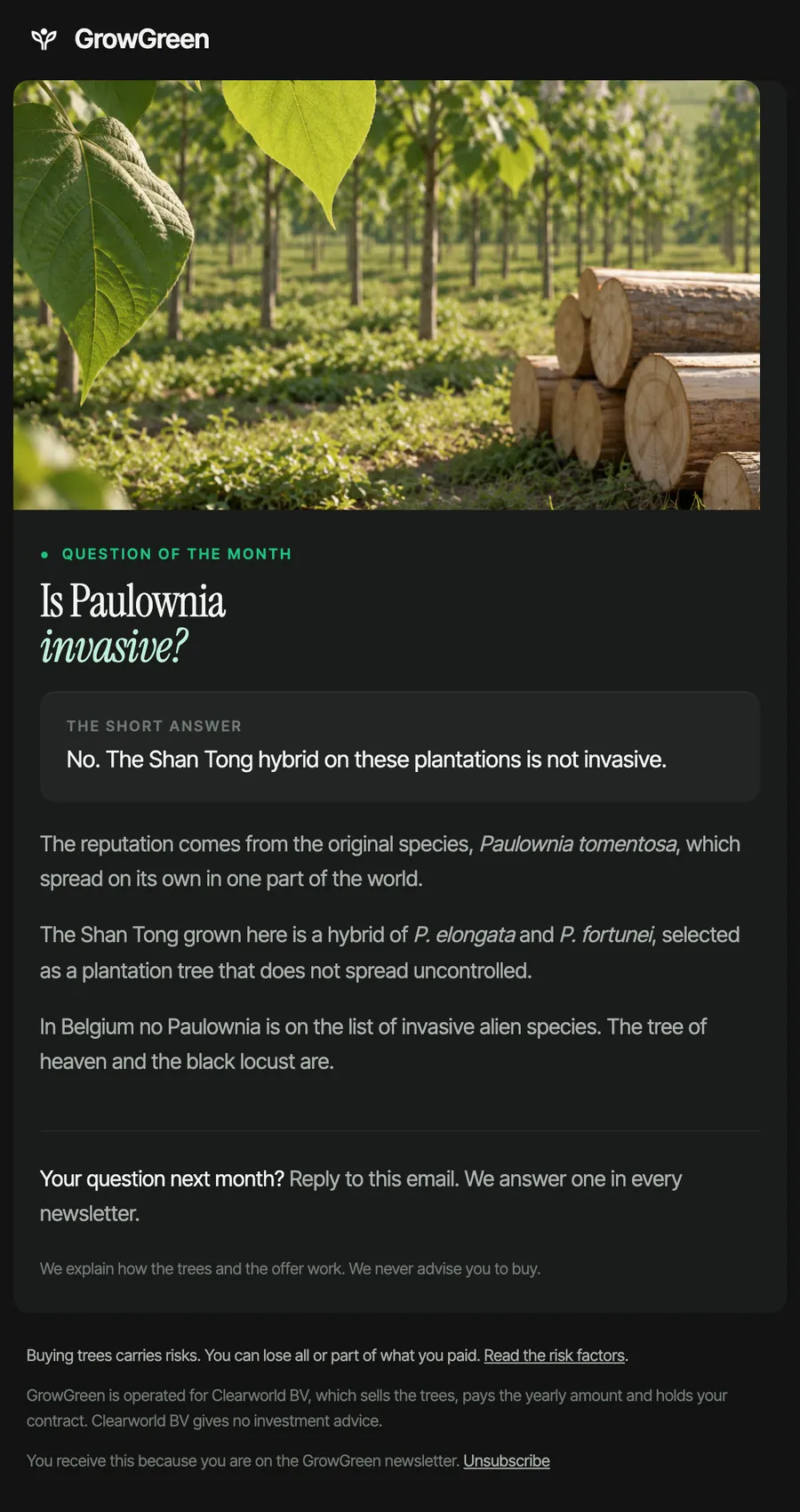The GrowGreen email at desktop width