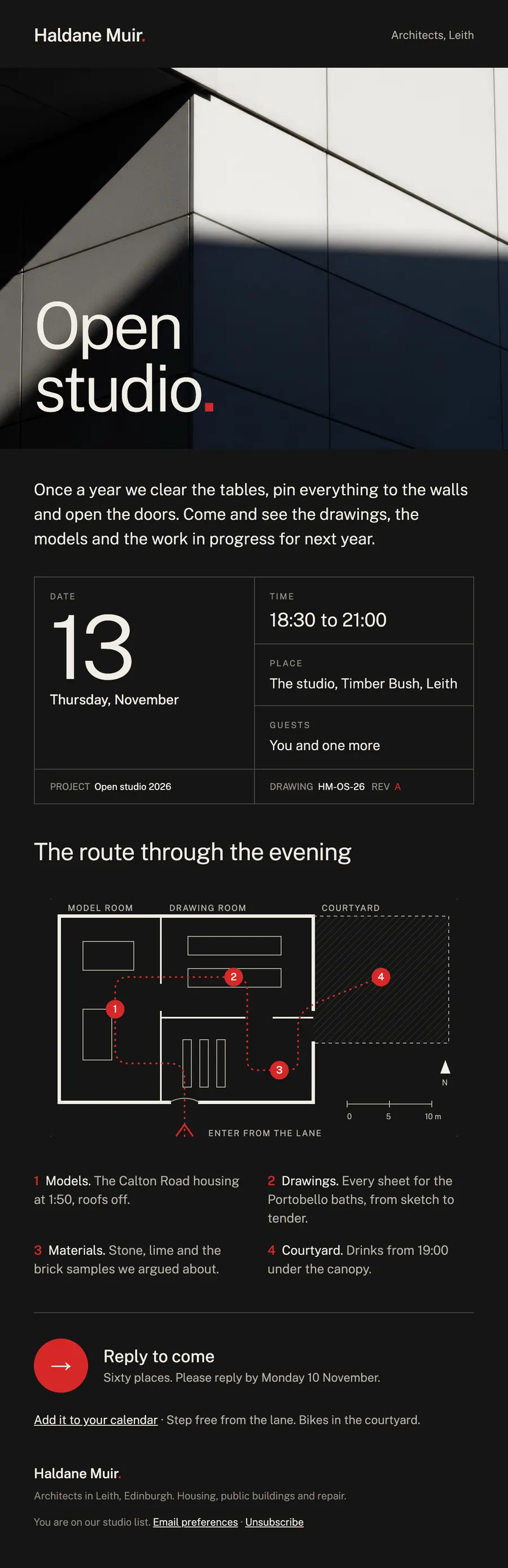 The Haldane Muir email at desktop width