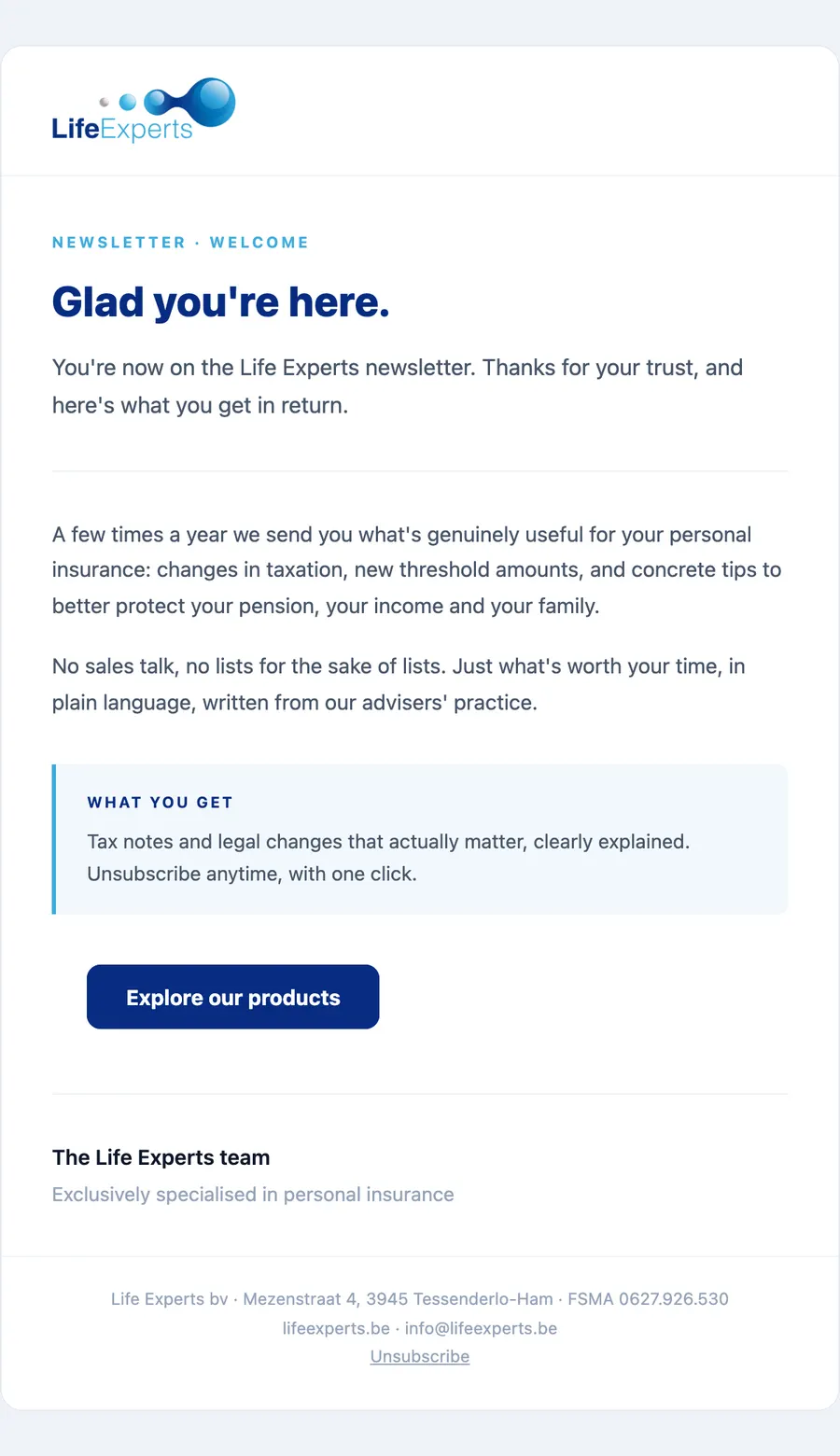 The Life Experts email at desktop width