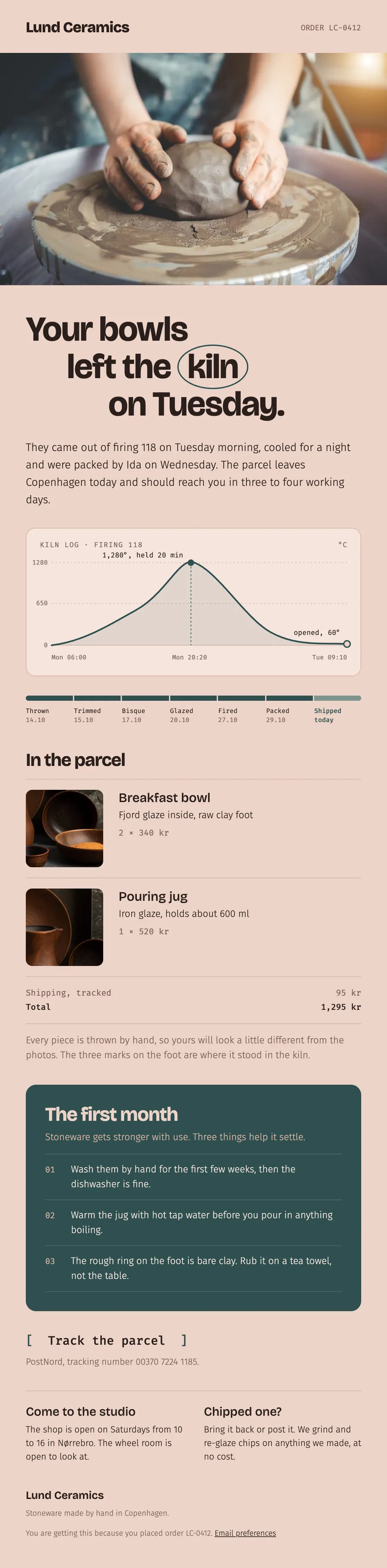 The Lund Ceramics email at desktop width
