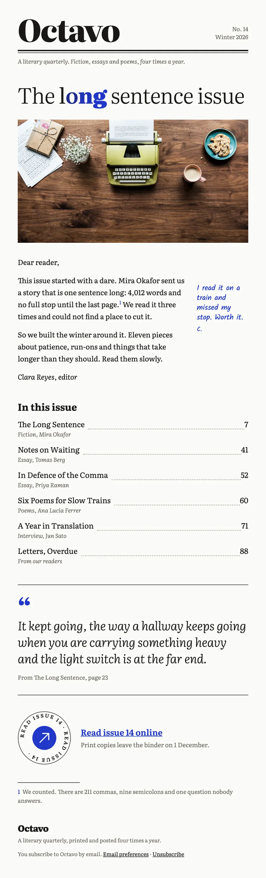 The Octavo email at desktop width