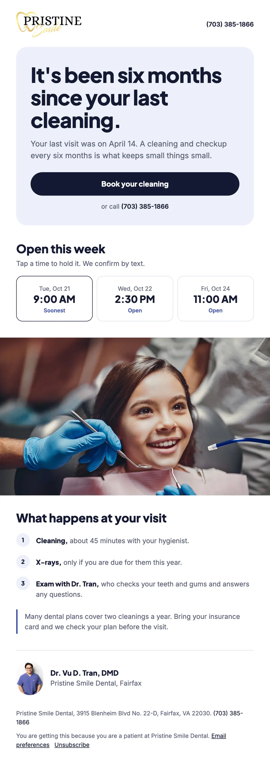 The Pristine Smile Dental email at desktop width