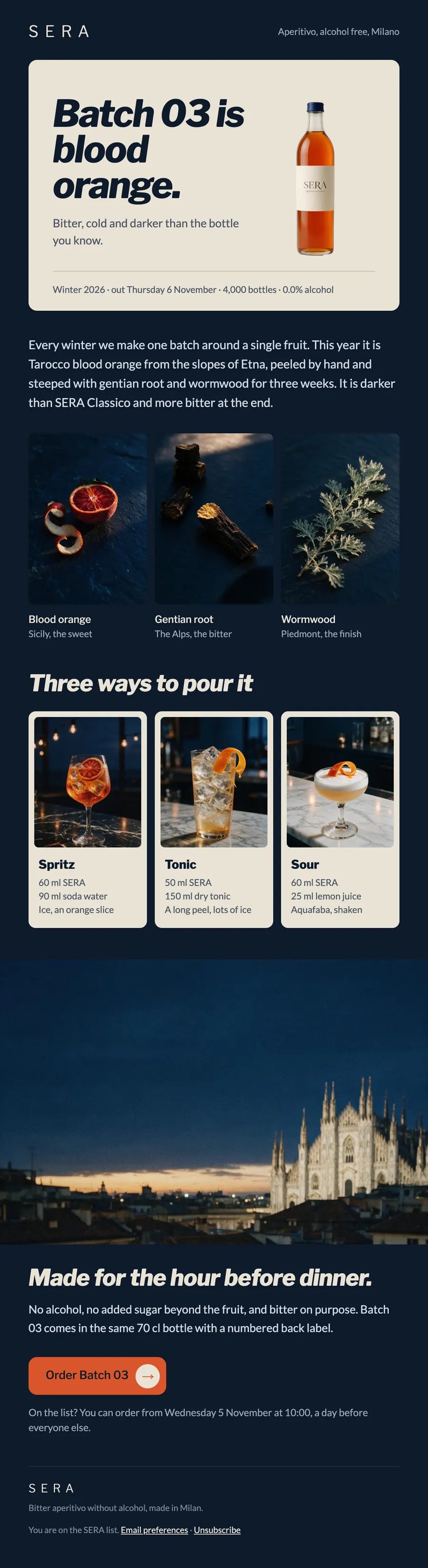 The SERA email at desktop width